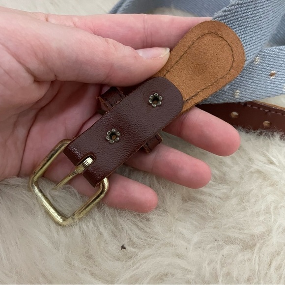 Vintage Woven Knit Preppy Blue Dot Print Genuine Brown Leather Belt - Picture 5 of 5